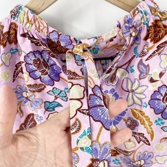 Ann Taylor Purple & Pink Batik Floral Tie Nape Puff Sleeve Blouse - Picture 7 of 11